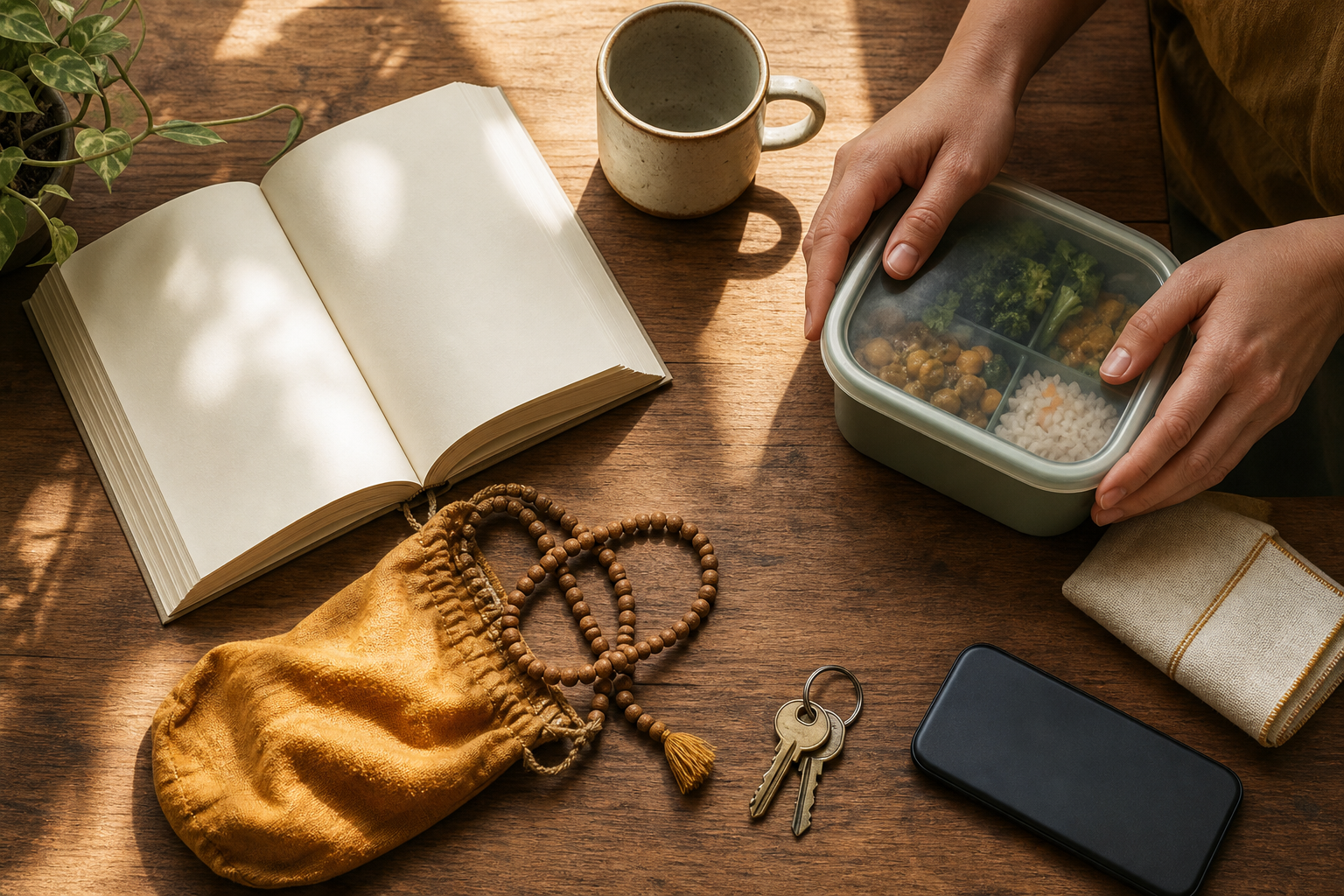 Prayer beads, an open book, a vegetarian lunch container, keys, and a face-down phone are arranged on a sunlit table as someone packs for the day.
