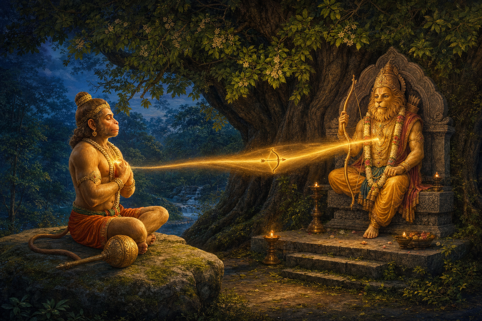 Hanuman meditates before bow-bearing Karanja Narasimha as a single band of golden light connects the two figures.