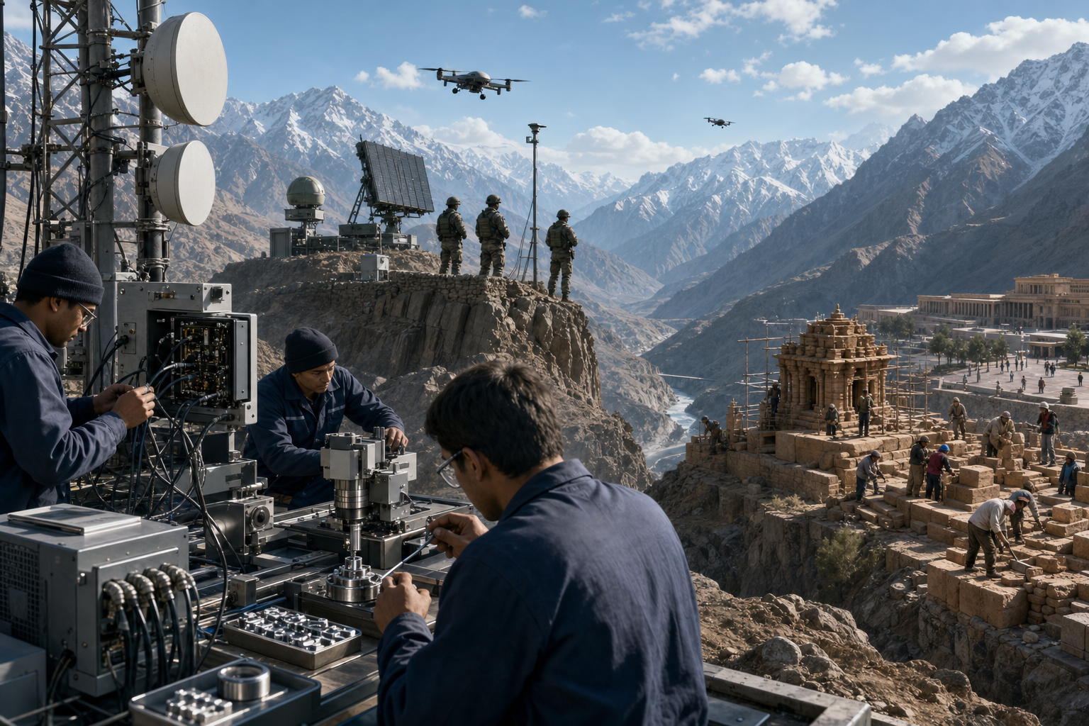 Engineers, soldiers and cultural conservators occupy connected industrial, mountain frontier and historic civic settings.