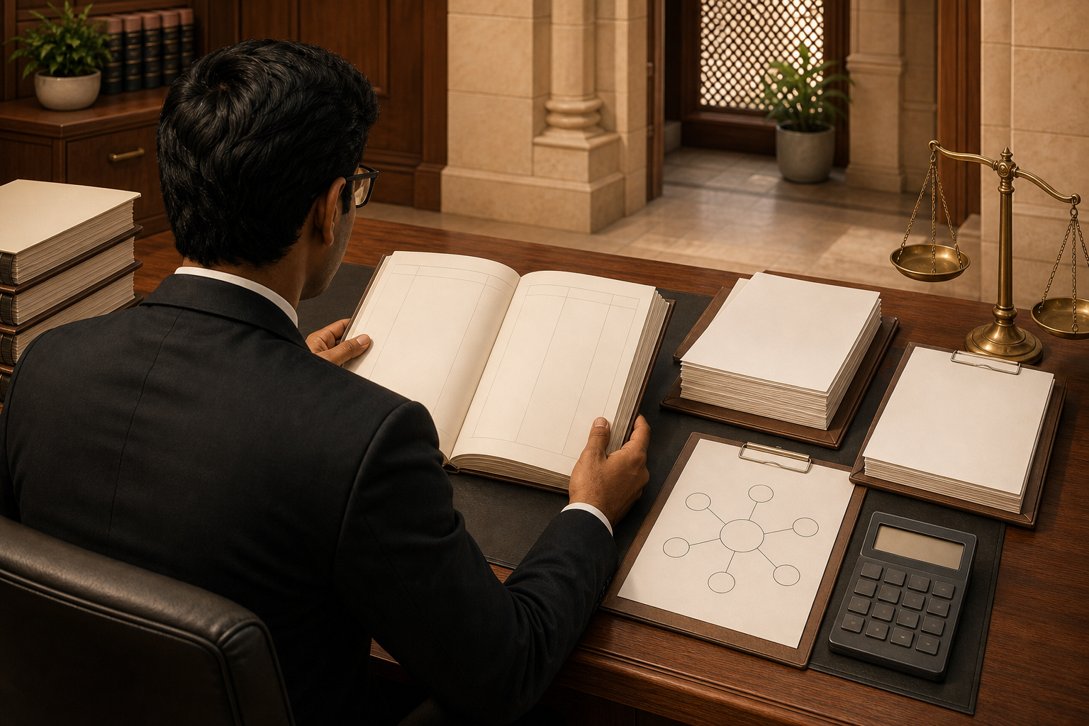 A legal professional examines blank records, a ledger, a calculator, an abstract organizational diagram, and balanced scales.