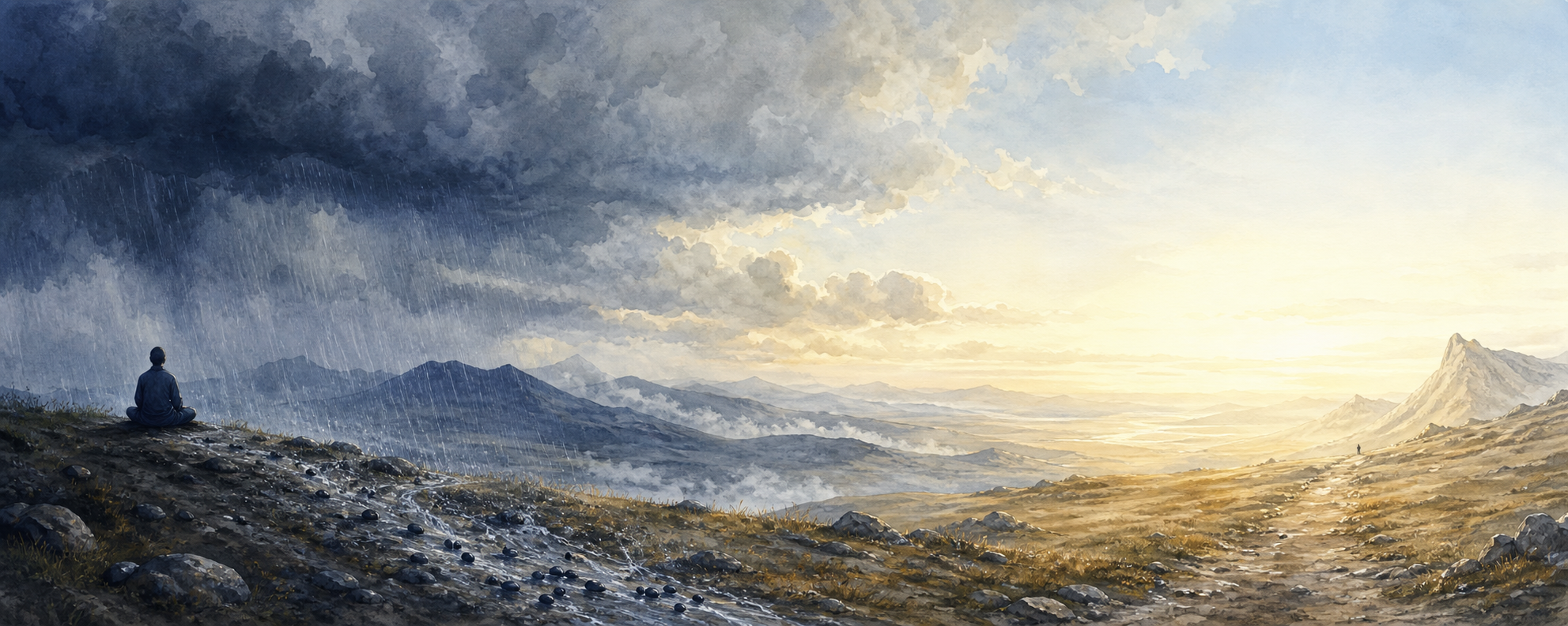 A continuous landscape changes from a dark cloud over a meditator to cleansing rain, a widening bright horizon, and a clear sky above a mountain pass.