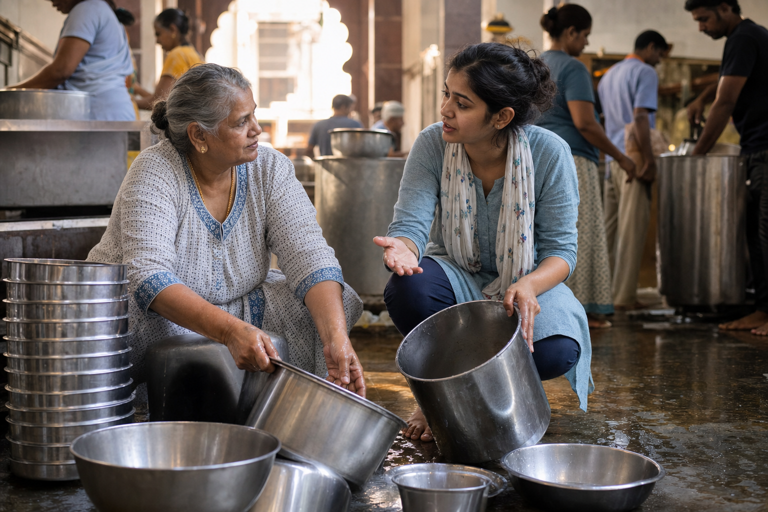 Two temple kitchen volunteers talk while washing large metal pots, with spilled water on the floor and other volunteers working behind them.