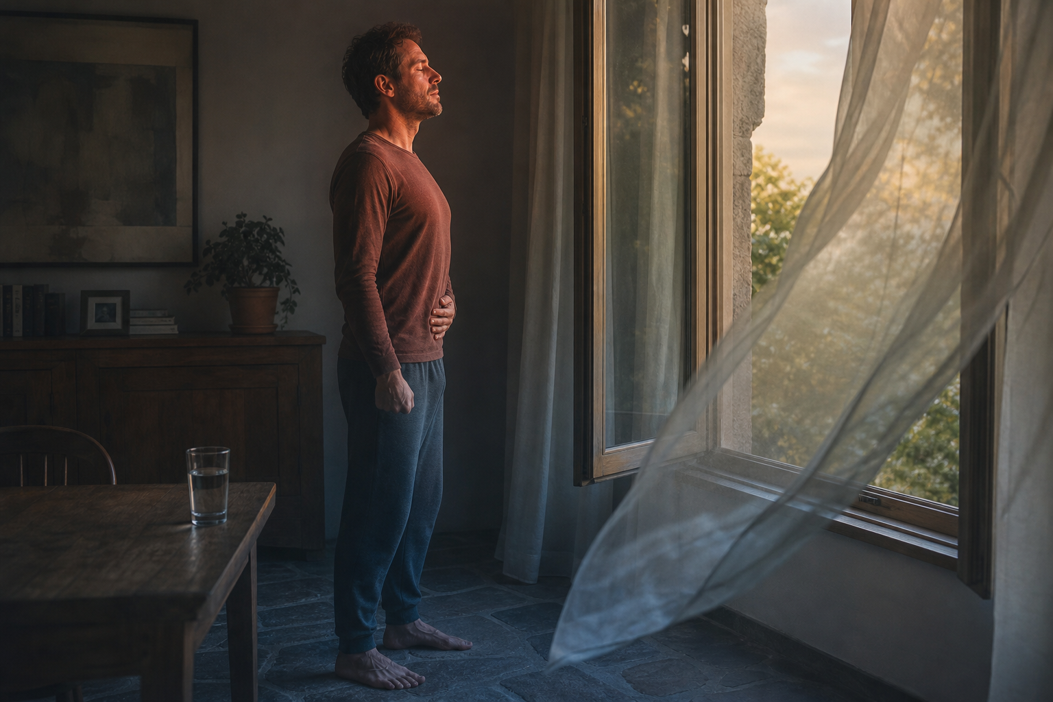 An adult stands barefoot by an open window, loosening the shoulders and exhaling with one hand on the abdomen while a glass of water rests nearby.