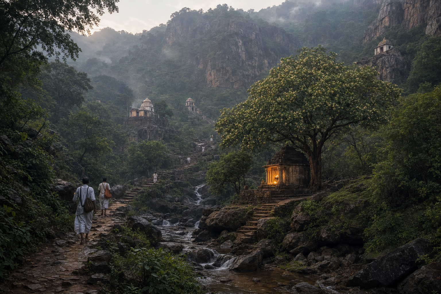 A forest pilgrimage path winds through the Nallamala hills past small shrines, with the Karanja shrine glowing beneath a large tree.