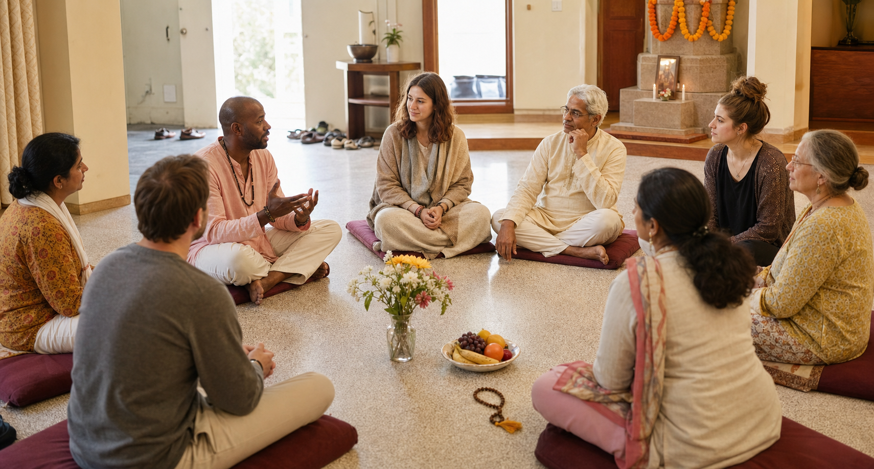 An intergenerational group sits in a circle listening to one participant during a small bhakti community discussion.