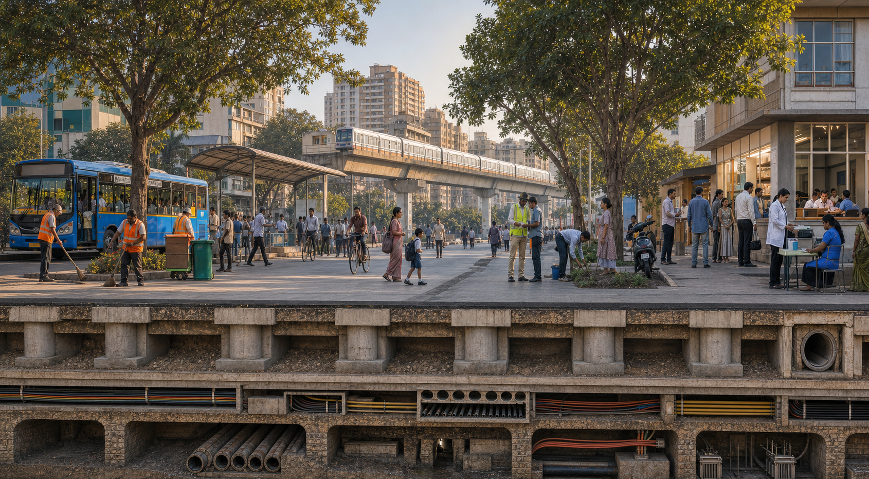 Older roads, power lines and communications conduits support a modern city where public workers and citizens carry out everyday civic duties.
