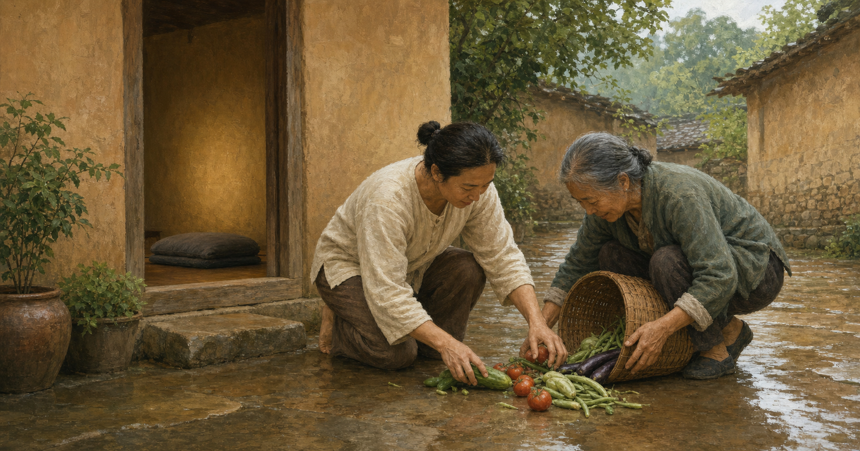 An adult helps an older neighbor gather vegetables from a courtyard while a plain meditation cushion is visible through an open doorway.