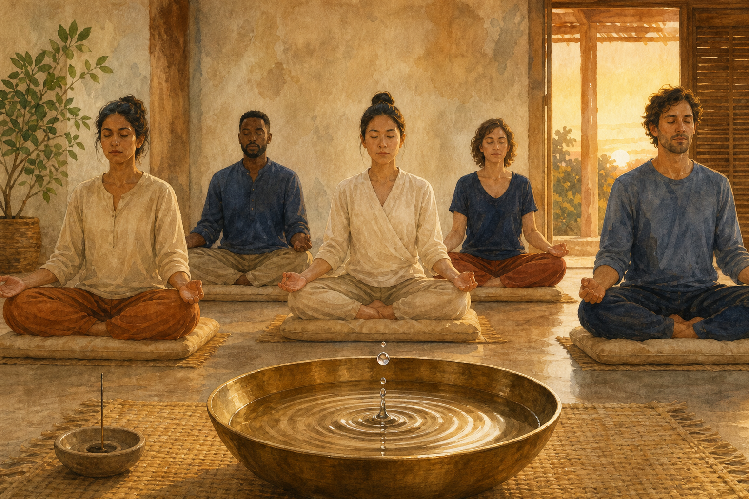 Several adults meditate on floor cushions at sunrise as a droplet creates widening ripples in a brass bowl in the foreground.