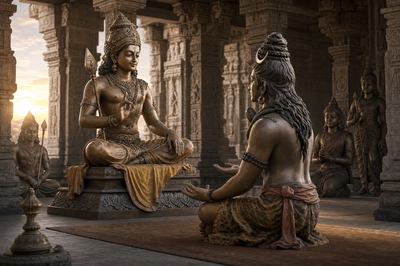 Skanda teaches from a modest seat while Shiva listens below him with open hands in a temple hall.