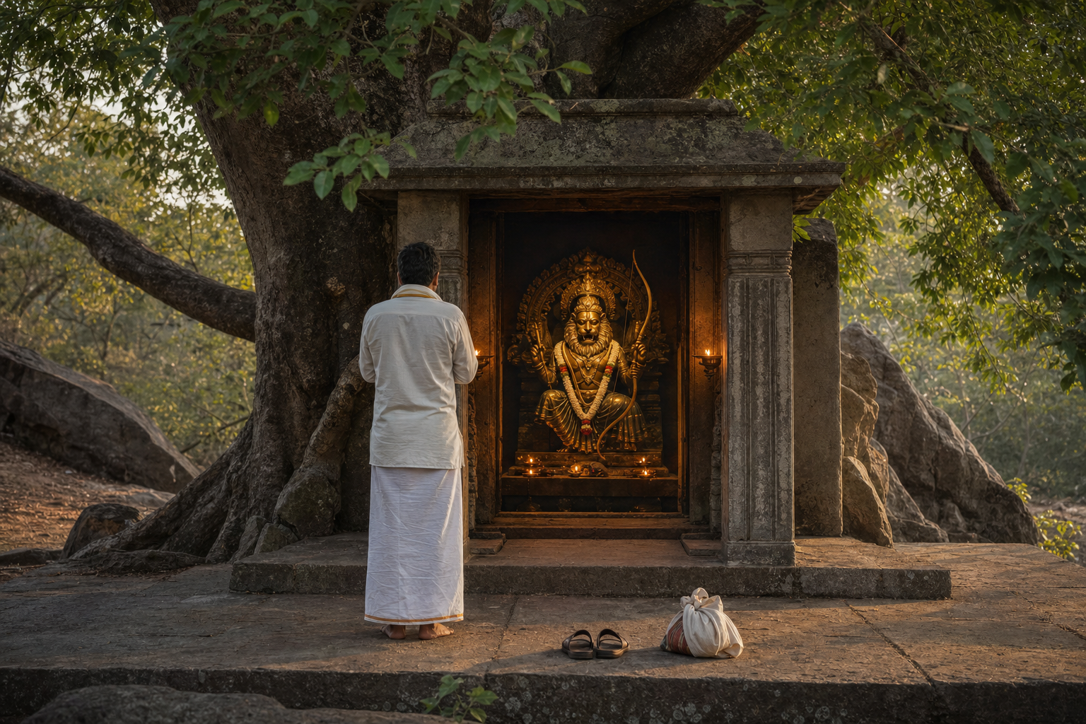 A pilgrim stands with folded hands before Karanja Narasimha, whose bow is visible inside a lamp-lit forest shrine.