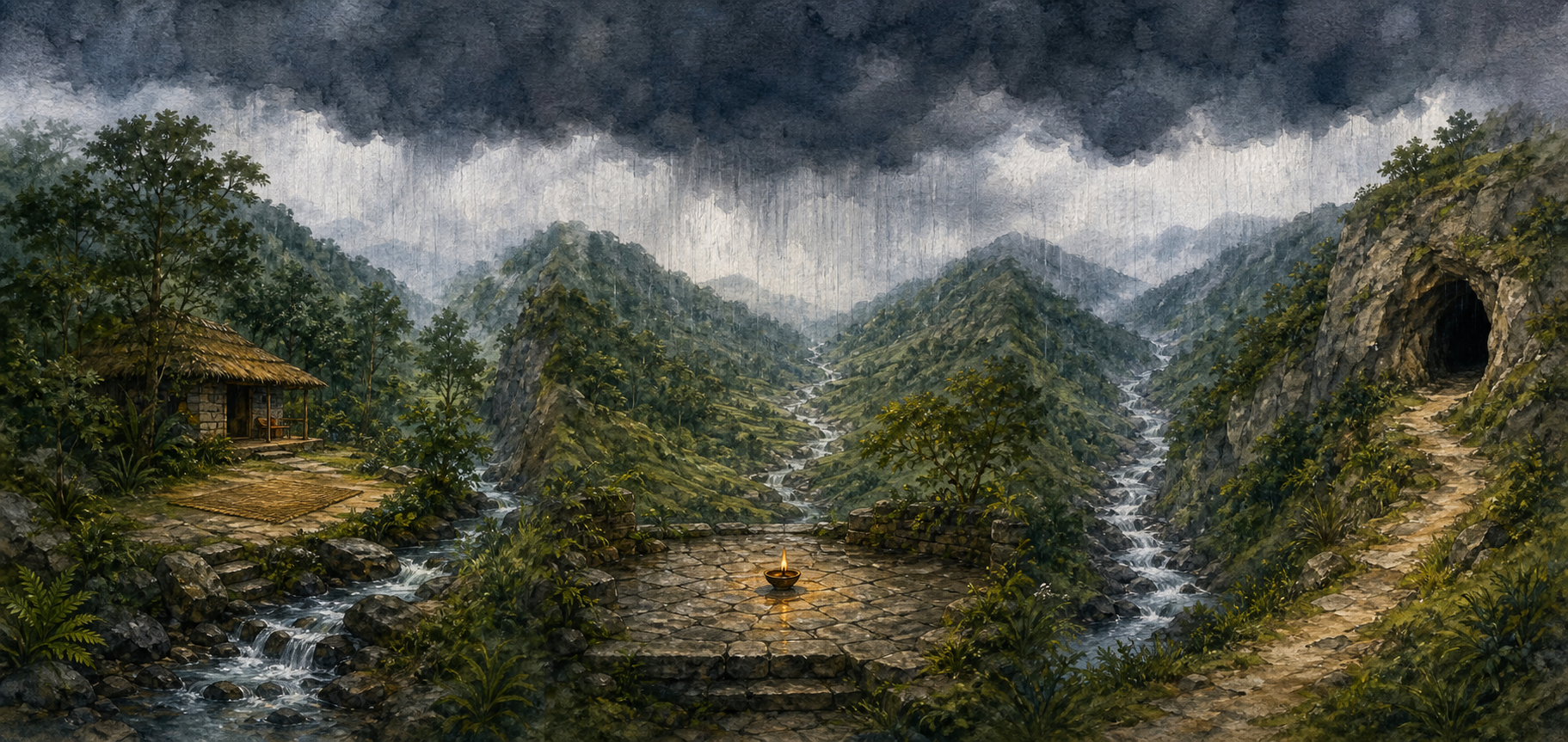 One monsoon cloud rains over three separate valleys containing a forest hermitage, a stone courtyard, and a mountain cave, with a different stream running through each valley.