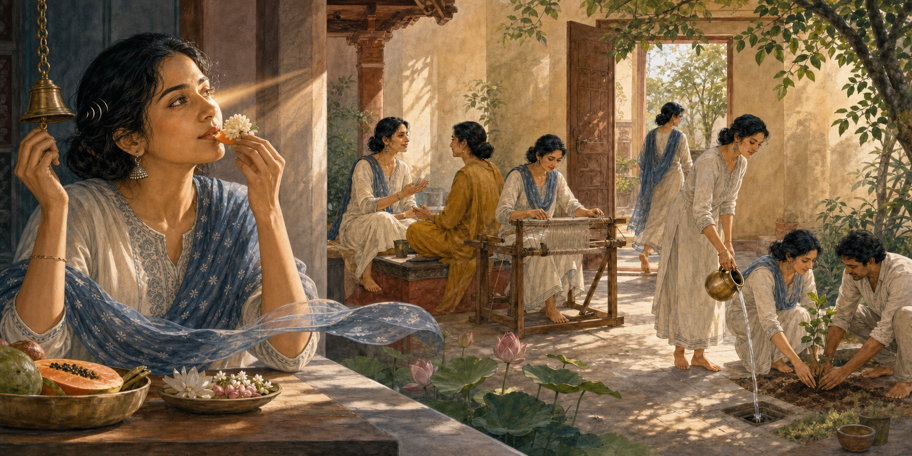 A two-part painted scene shows a person receiving sound, light, scent, taste, and touch on the left and speaking, weaving, walking, cleansing, and planting on the right.