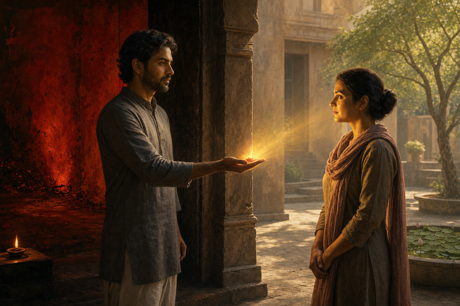 A calm adult carries a glowing ember from a dark red room into a sunlit courtyard and faces another person at a respectful distance.