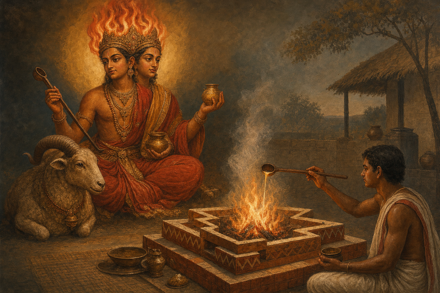 Editorial illustration of two-faced, flame-crowned Agni with a ram above a glowing fire altar where an offering is made with a wooden ladle.