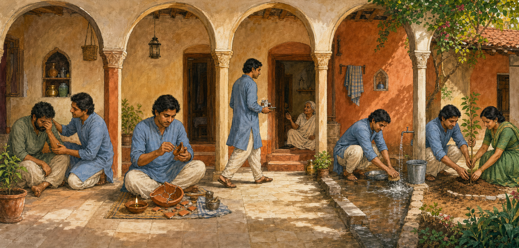 Five connected courtyard scenes show the same person speaking with care, repairing a lamp, carrying medicine, cleaning a washing area, and planting a tree with a partner.
