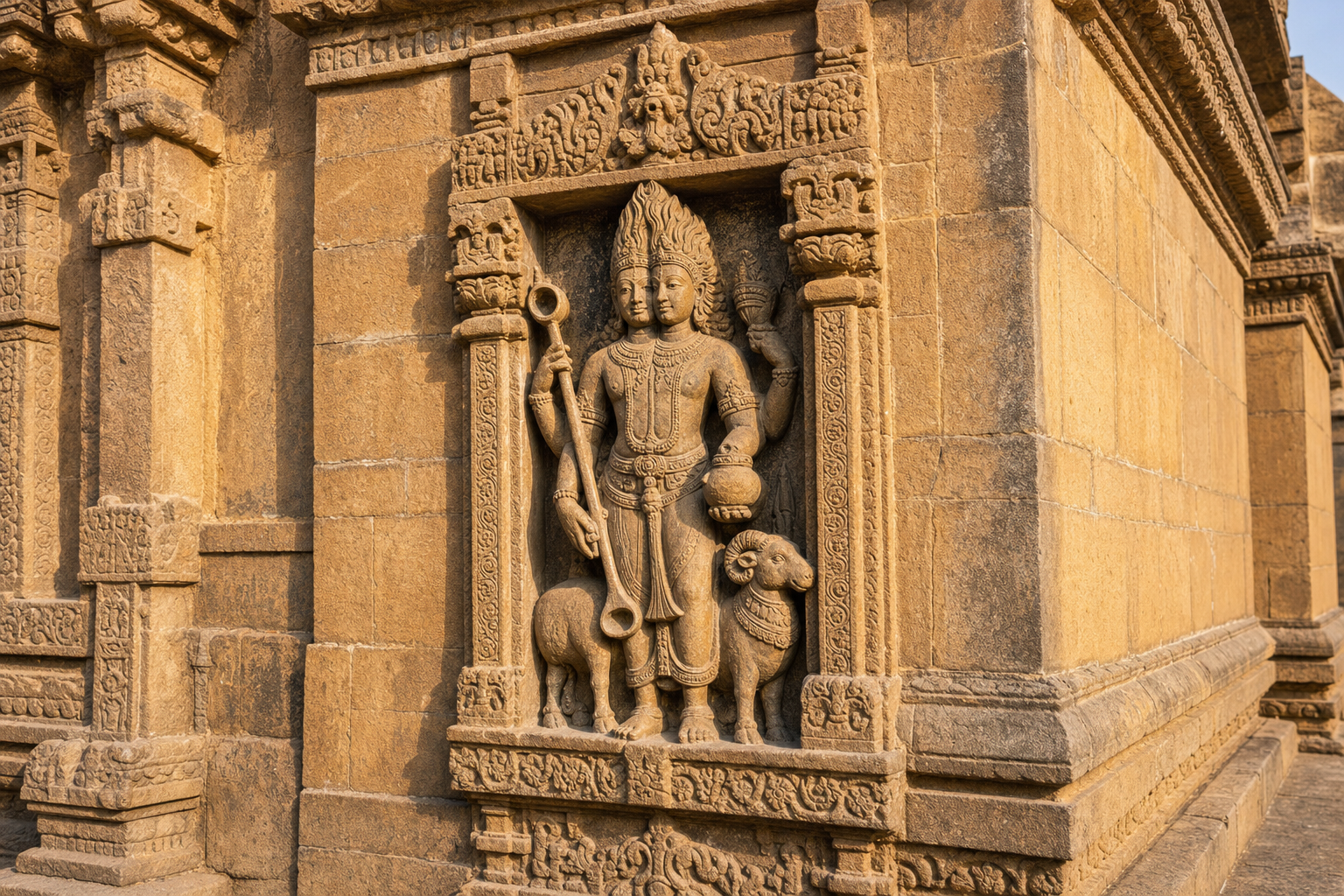 Two-faced Agni holding a sacrificial ladle and vessel in a temple niche, with flame-like hair and a ram beside his feet.
