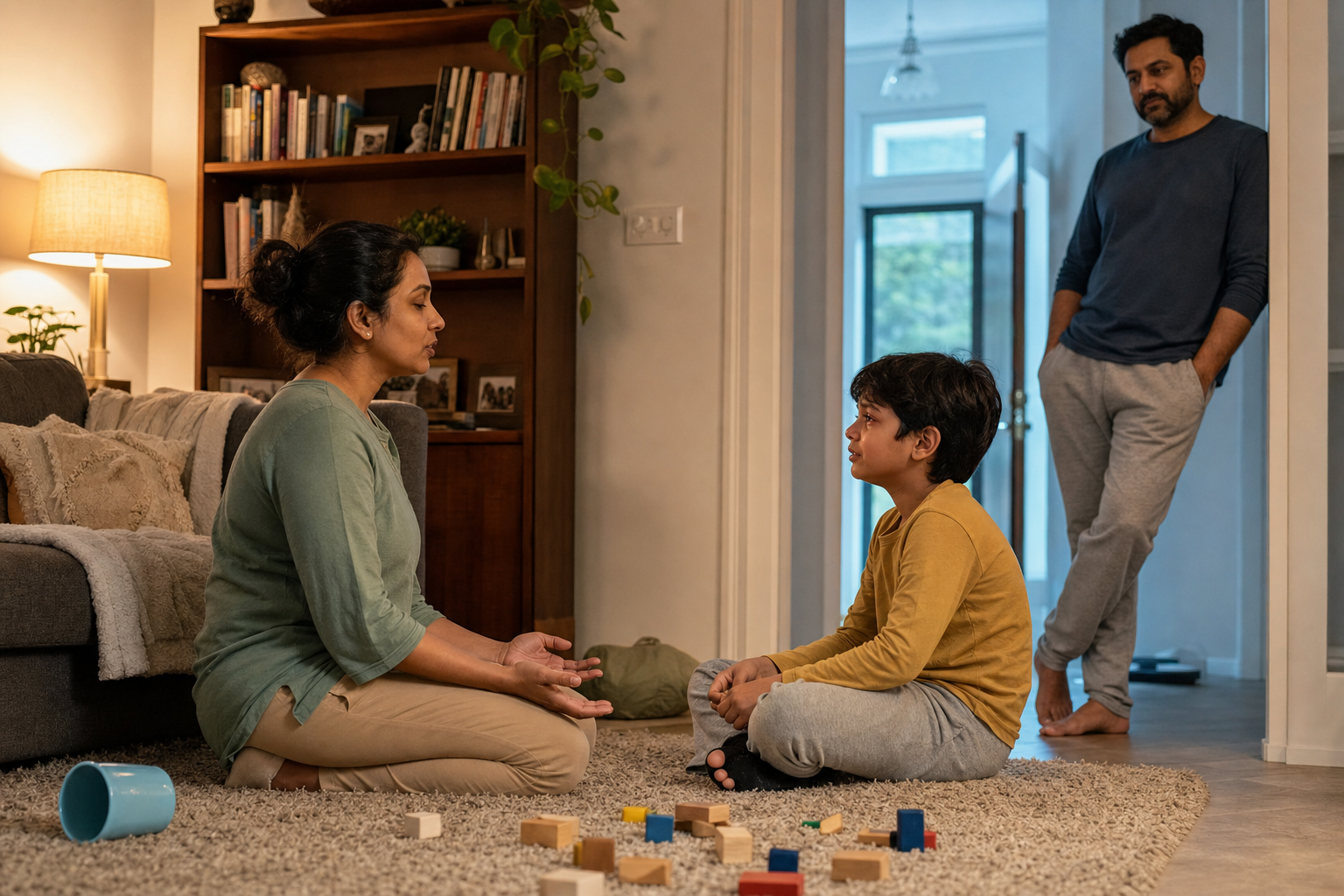 A caregiver kneels at eye level with an upset child beside a tipped cup and scattered blocks while another adult watches attentively from the doorway.