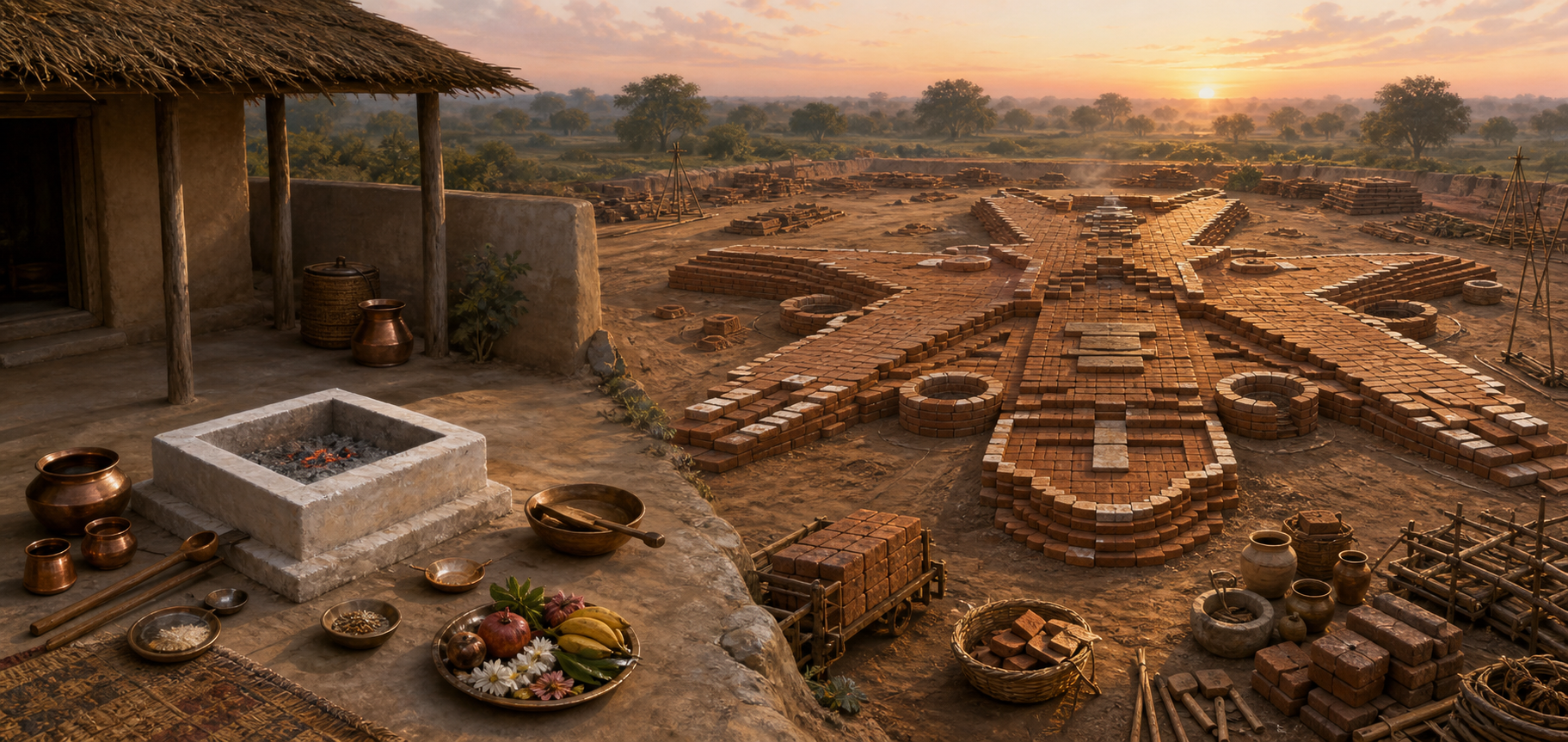 Side-by-side illustration of a small square household fire altar and a large open-air brick altar complex with a bird-like ground plan.
