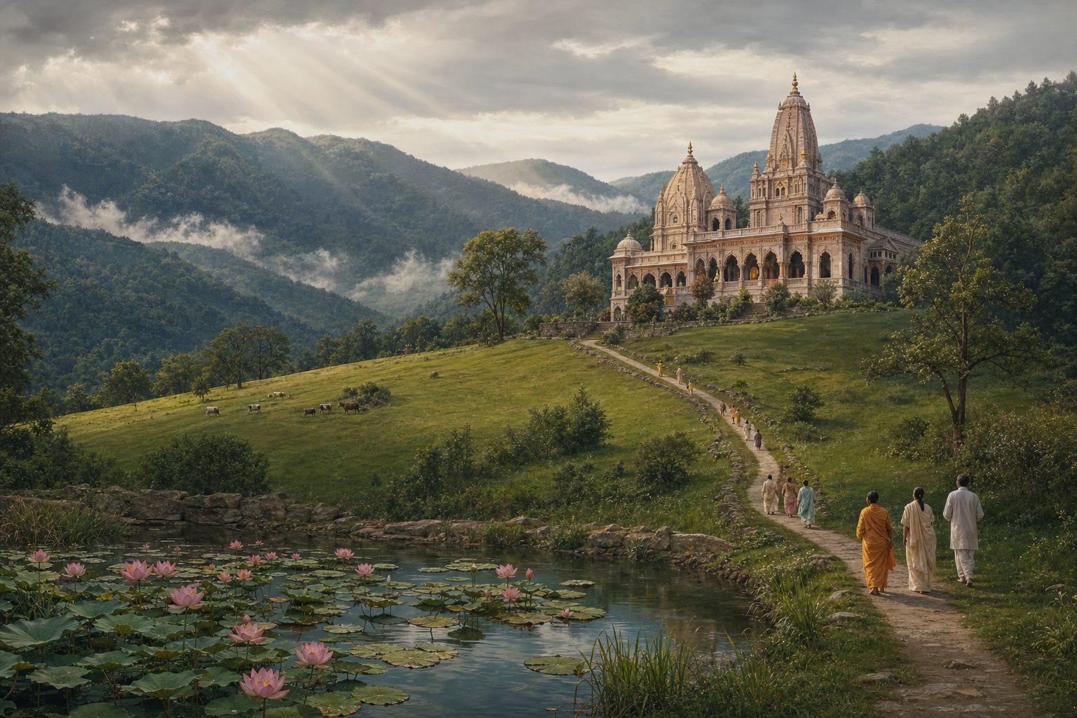 A path crosses pasture beside a lotus-edged pond toward an Indian-inspired devotional building in forested Appalachian hills.