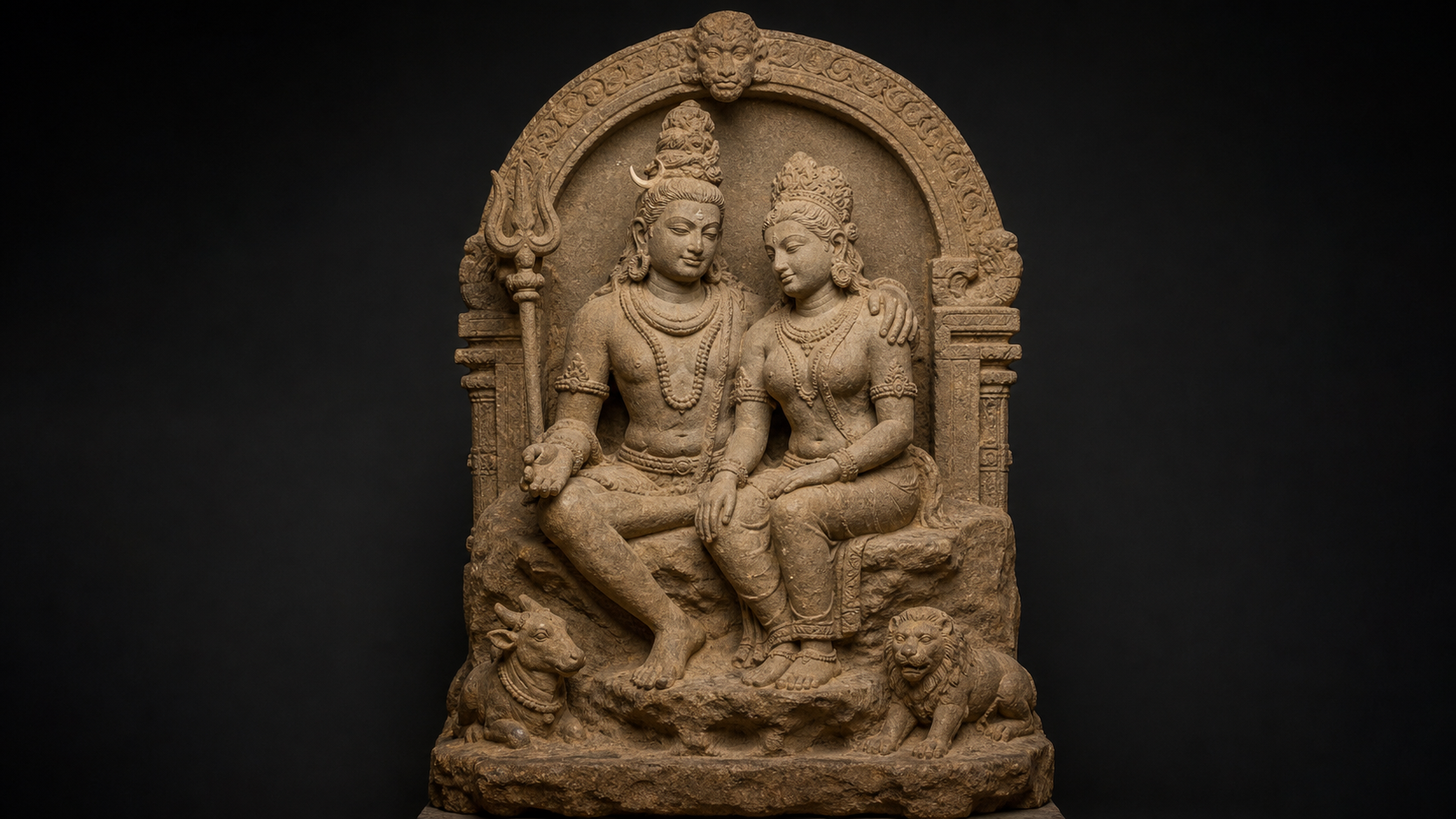 Buff sandstone sculpture of Shiva and Parvati seated together in an embrace, with a bull, lion, trident, and carved niche visible around them.
