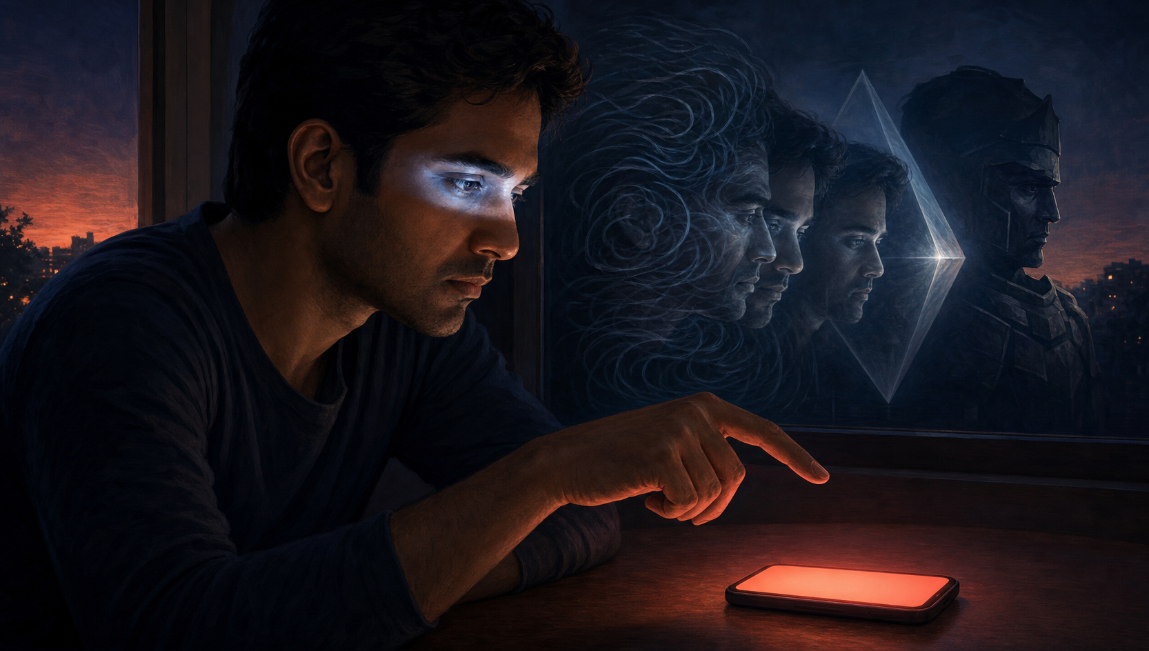 A person pauses with a finger above a blank glowing phone while reflected layers behind them appear as turbulent ripples, a clear prism, and a rigid shadow.