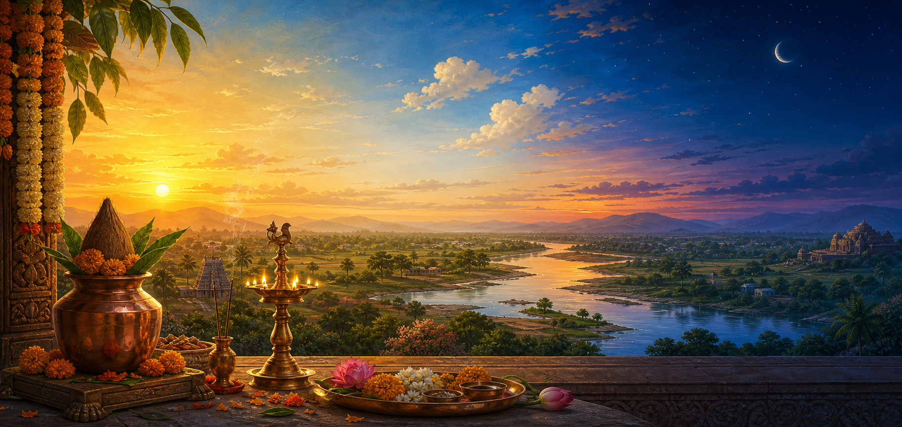 A home shrine with an oil lamp and flower offerings set against a landscape transitioning from sunrise to moonlit evening.
