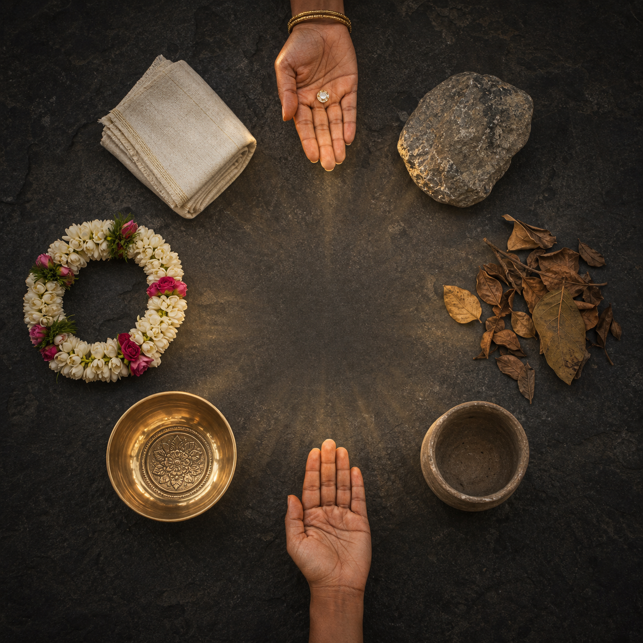Four pairs of contrasting objects surround an empty center: ornate and plain vessels, fresh and dry plants, soft cloth and rough stone, and a jewel and an empty hand.