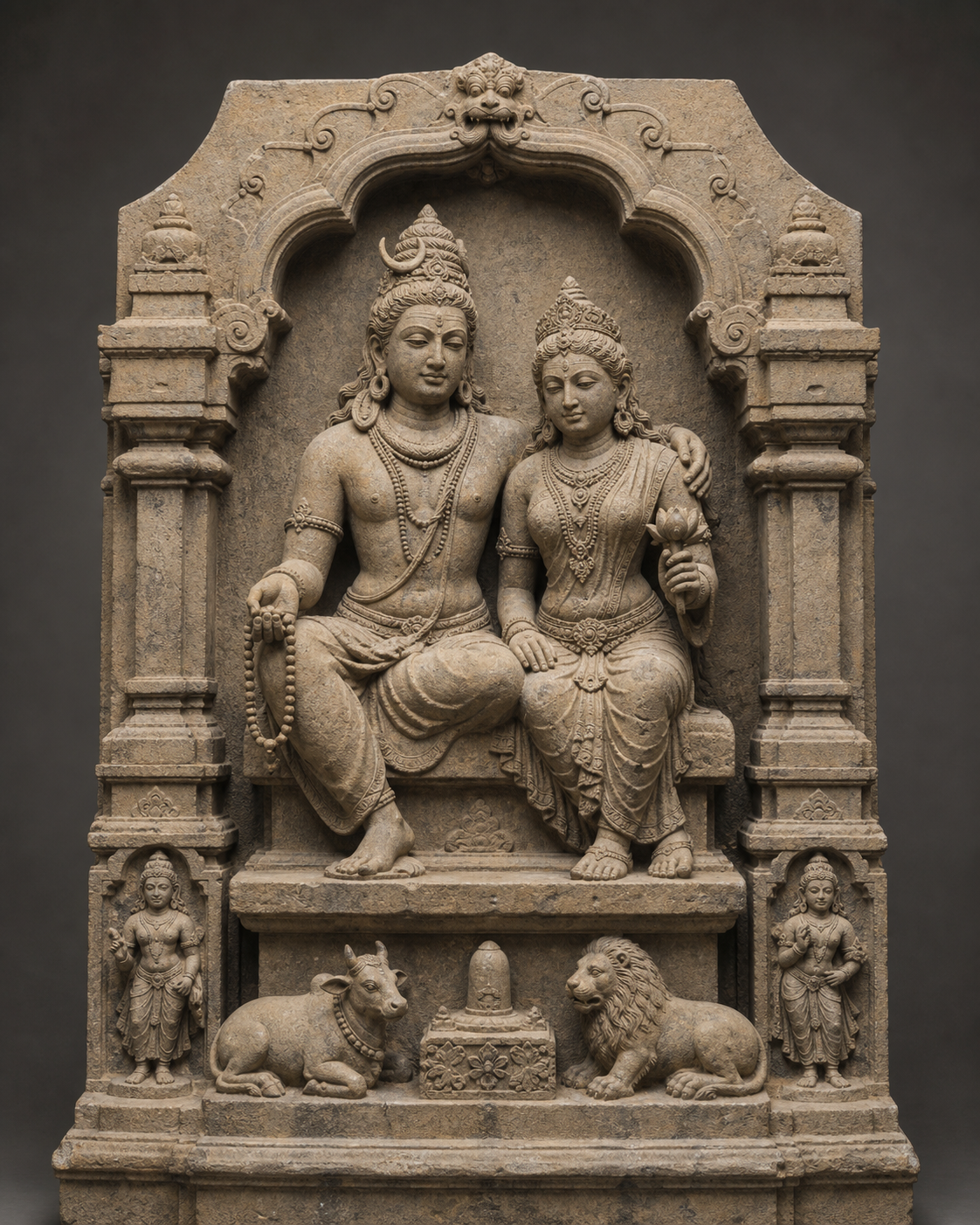 Front-facing stone sculpture of Shiva and Parvati showing their crowns, embracing arm, free hands, pedestal animals, attendants, and surrounding niche.