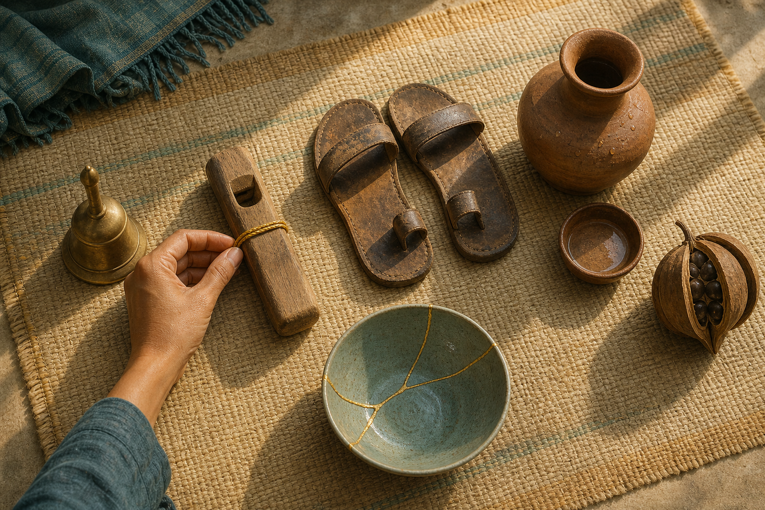 Five symbolic objects lie on a woven mat as a hand loops a golden thread around a wooden tool beside a repaired bowl.