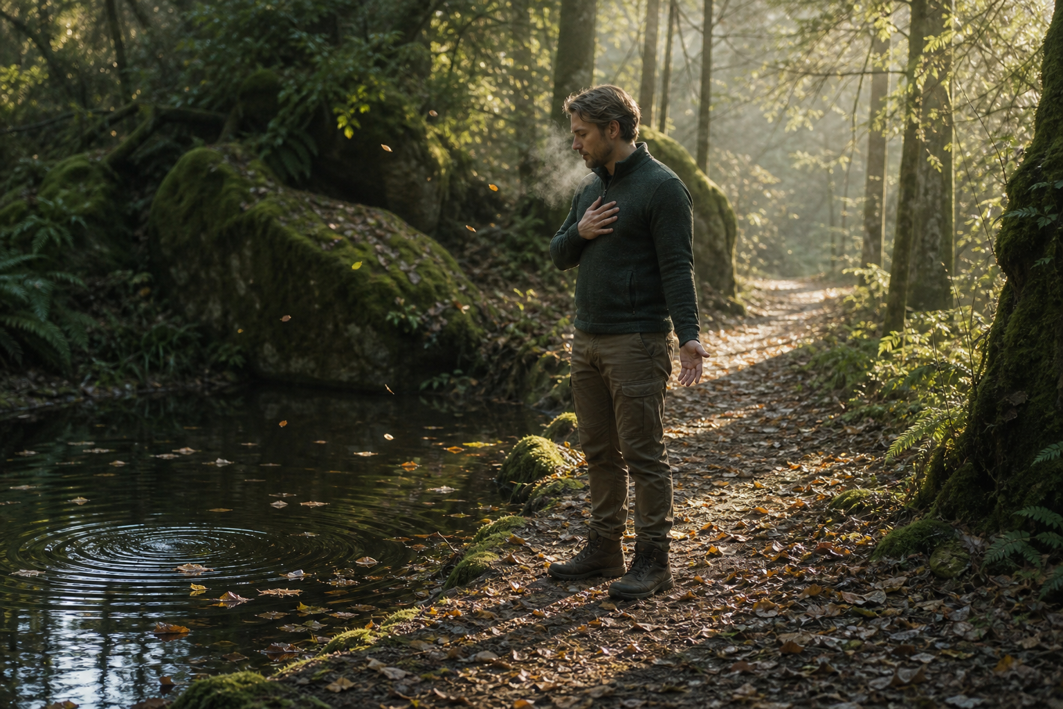 A person pauses on a forest path with relaxed hands as windblown leaves, visible breath and ripples on a pool mark a moment before action.