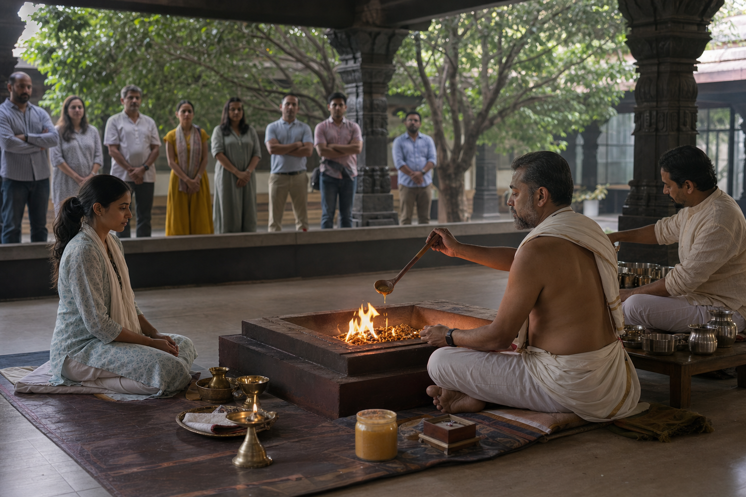 A ritual specialist guides an adult participant during a controlled fire offering while visitors observe from the edge of a temple courtyard.