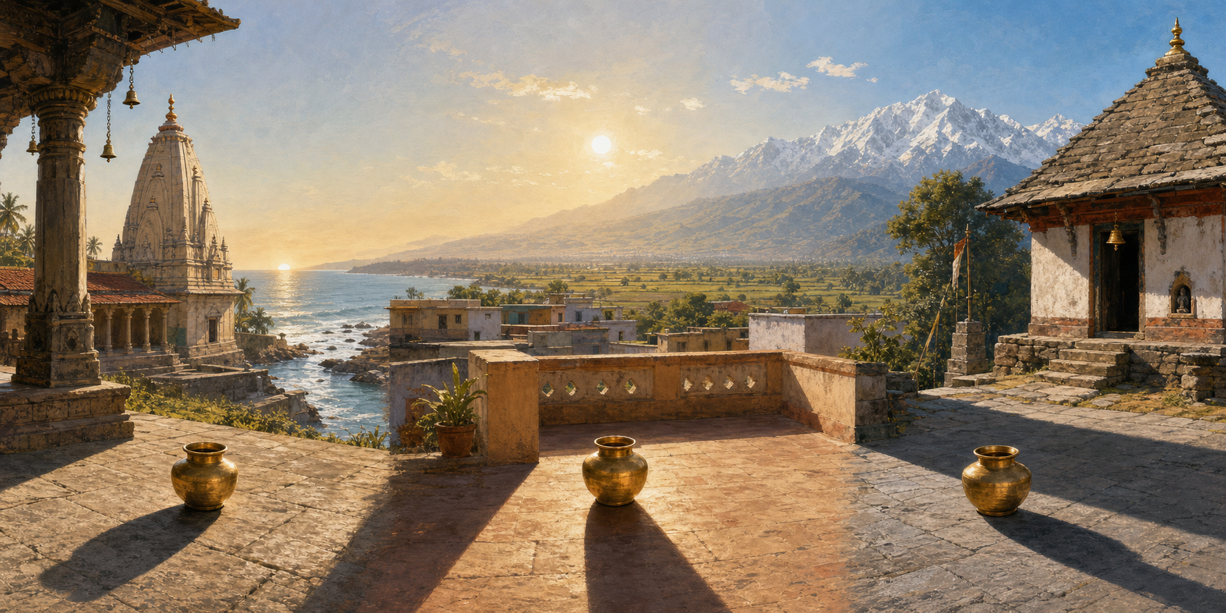Three Indian settings under different angles of morning sunlight, with shadows falling across temple courtyards and a home terrace.
