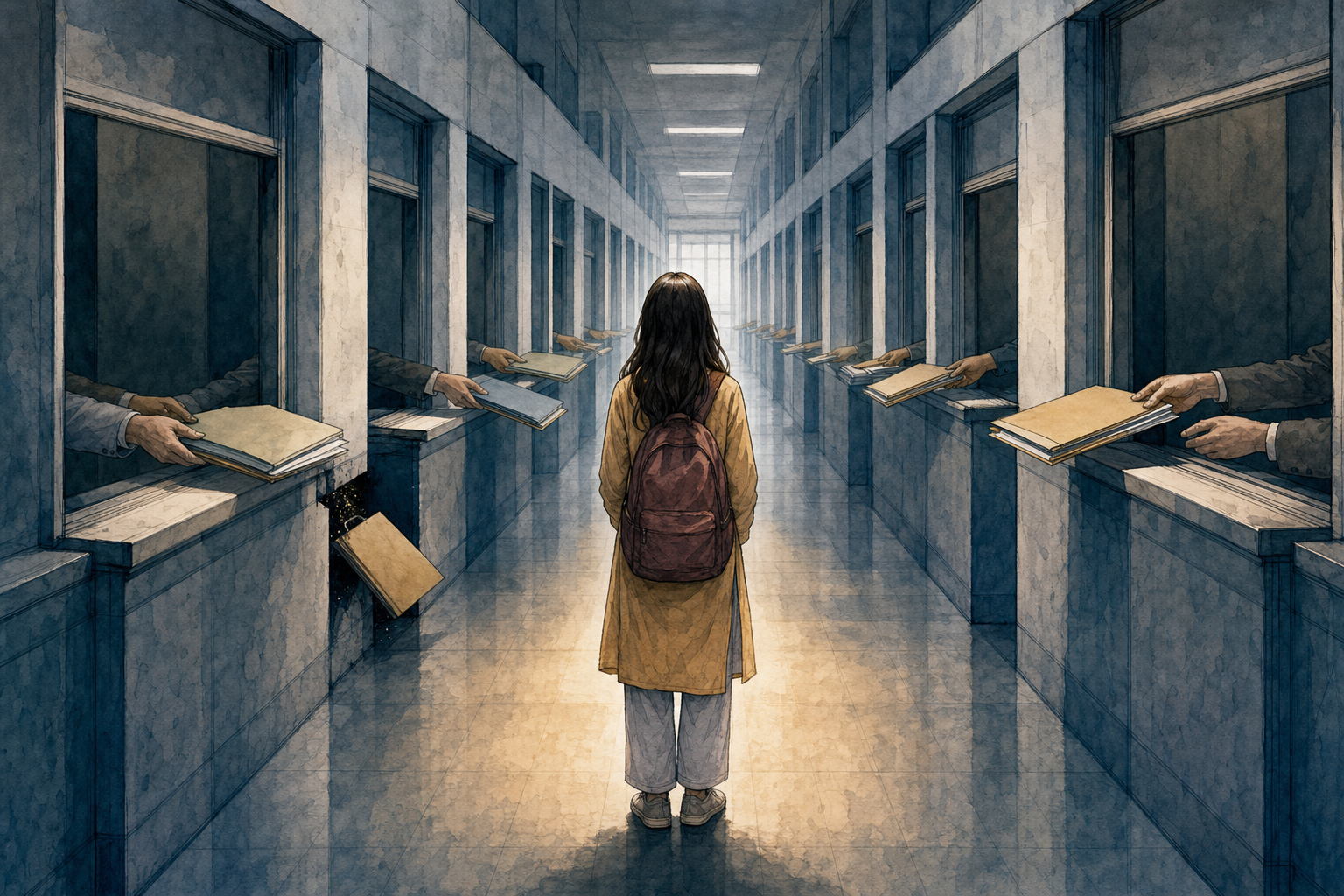 A school-age girl waits in an institutional corridor while anonymous hands pass folders between separate service windows.