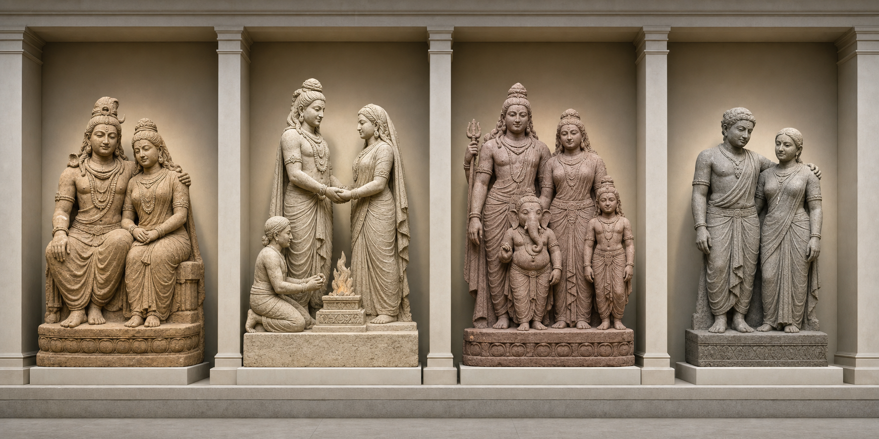Four museum-style sculptural groups show a seated Shiva-Parvati embrace, a divine wedding, a family group, and an auspicious human couple.