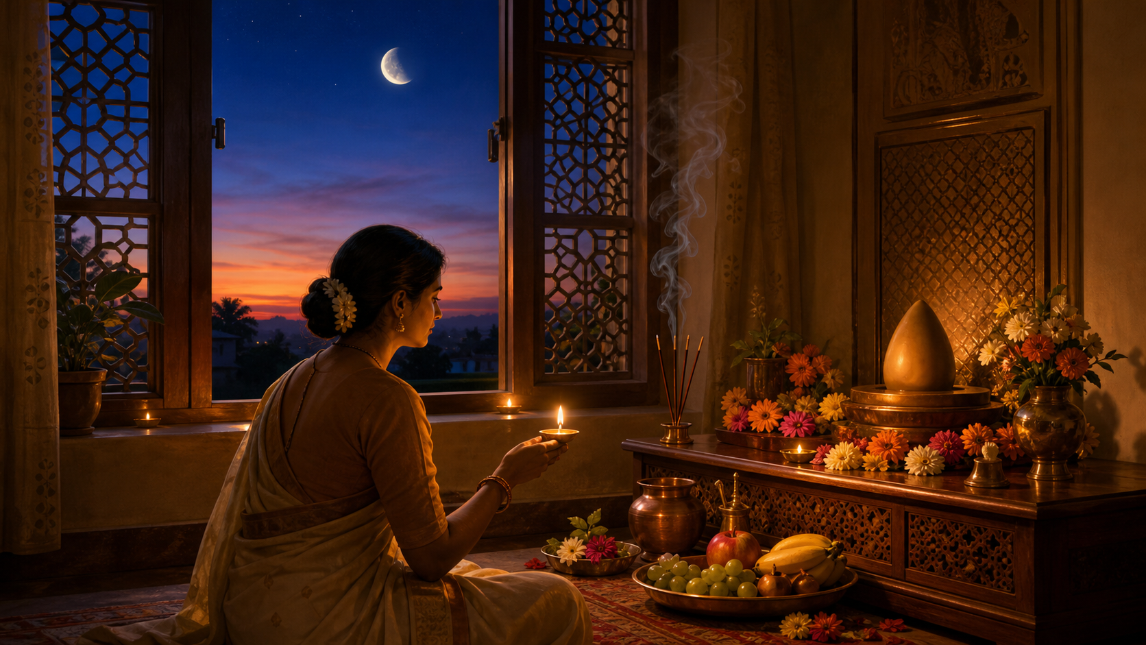 A devotee performs an evening home puja beside a lit oil lamp as sunset gives way to moonlit twilight.