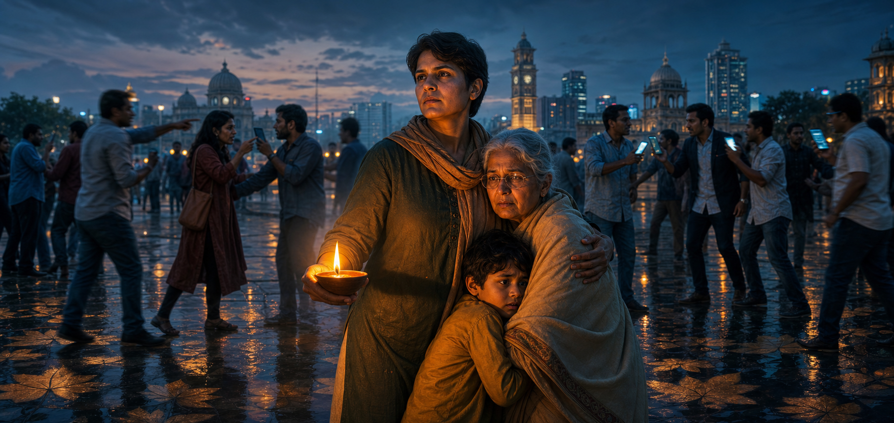 A calm adult holding an oil lamp shields an elderly person and a child while people argue with phones in a rain-darkened city square.