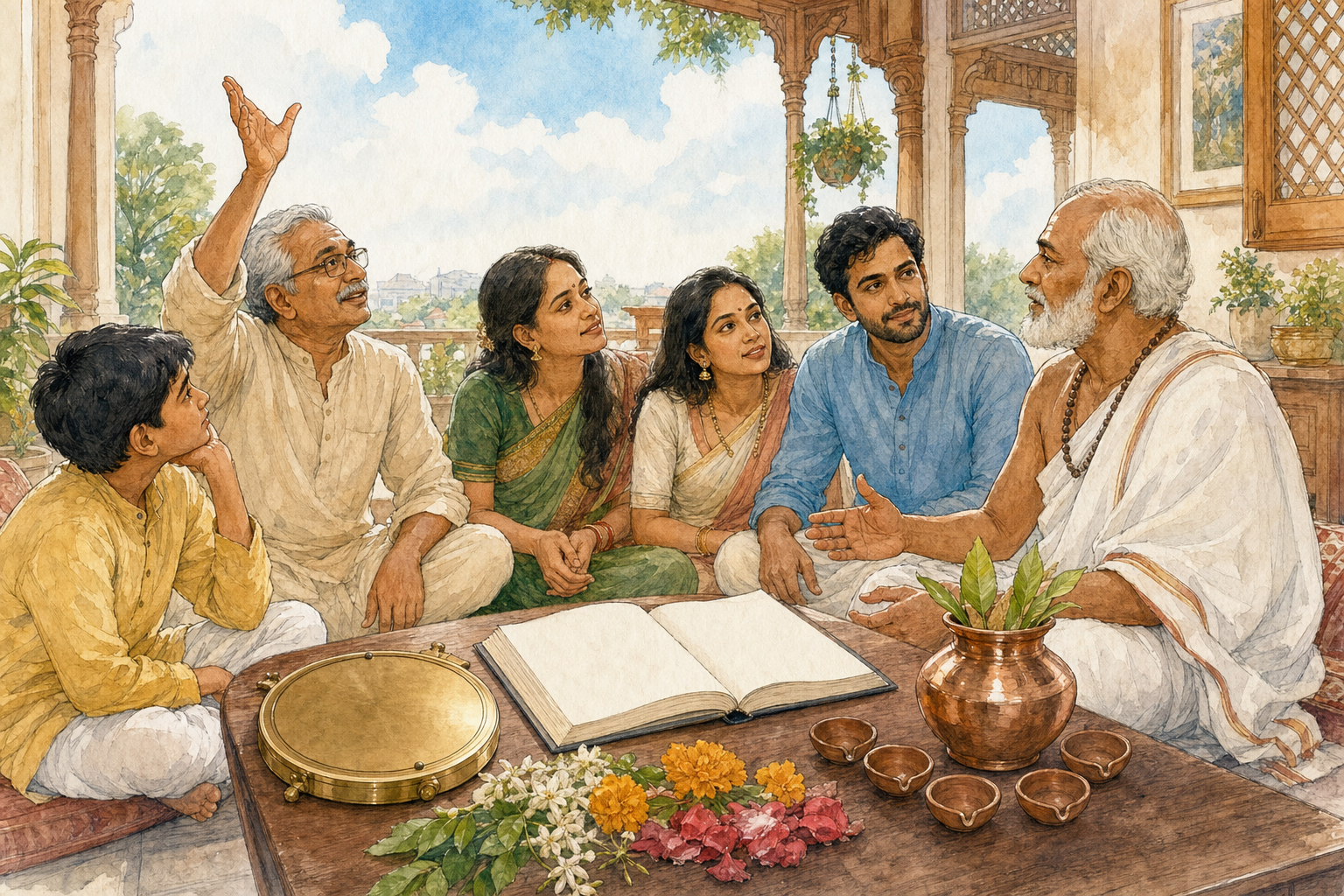 A family and ritual adviser discuss samskara preparations around a low table holding an unmarked almanac, flowers, lamps, and a copper vessel.