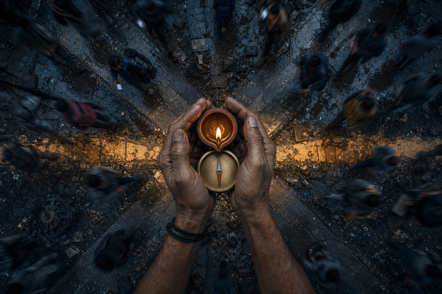 Two hands protect a clay lamp beside an unmarked brass compass at a crowded, storm-damaged city crossroads.