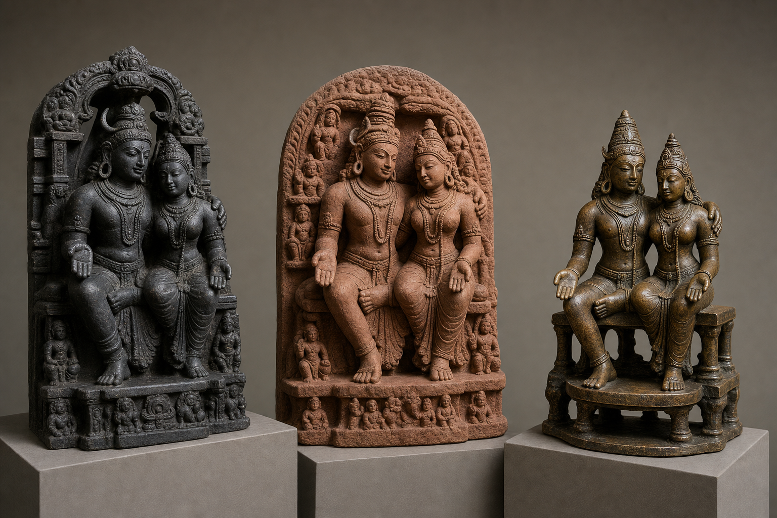 Three Shiva-Parvati embrace sculptures in dark basalt, red sandstone, and bronze display different carving styles and surface qualities.