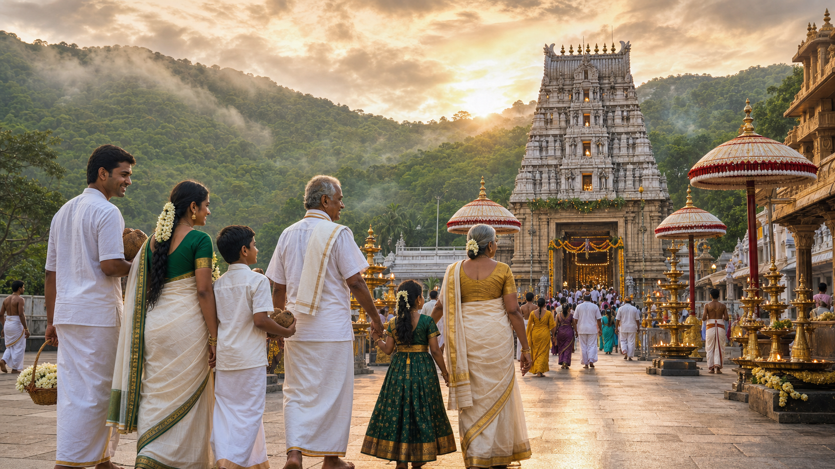 Pilgrims carrying flower garlands, coconuts, and a brass offering basket walk toward a South Indian temple gateway beneath the Tirumala hills at dawn.
