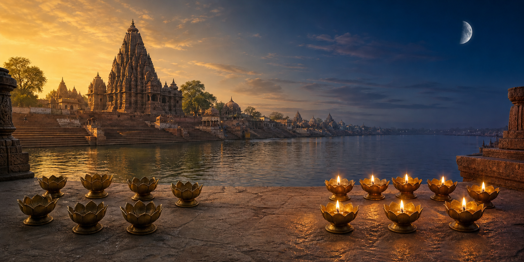 A temple landscape shifts from golden afternoon to blue evening, with groups of seven and eight lotus-shaped brass lamps in the foreground.