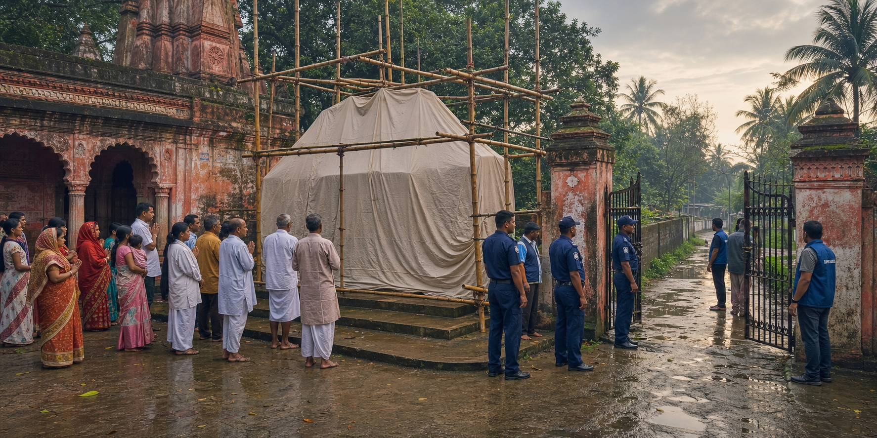 Hindu families, temple caretakers, police officers, and community volunteers gather in a secured temple courtyard beside a respectfully covered construction project.