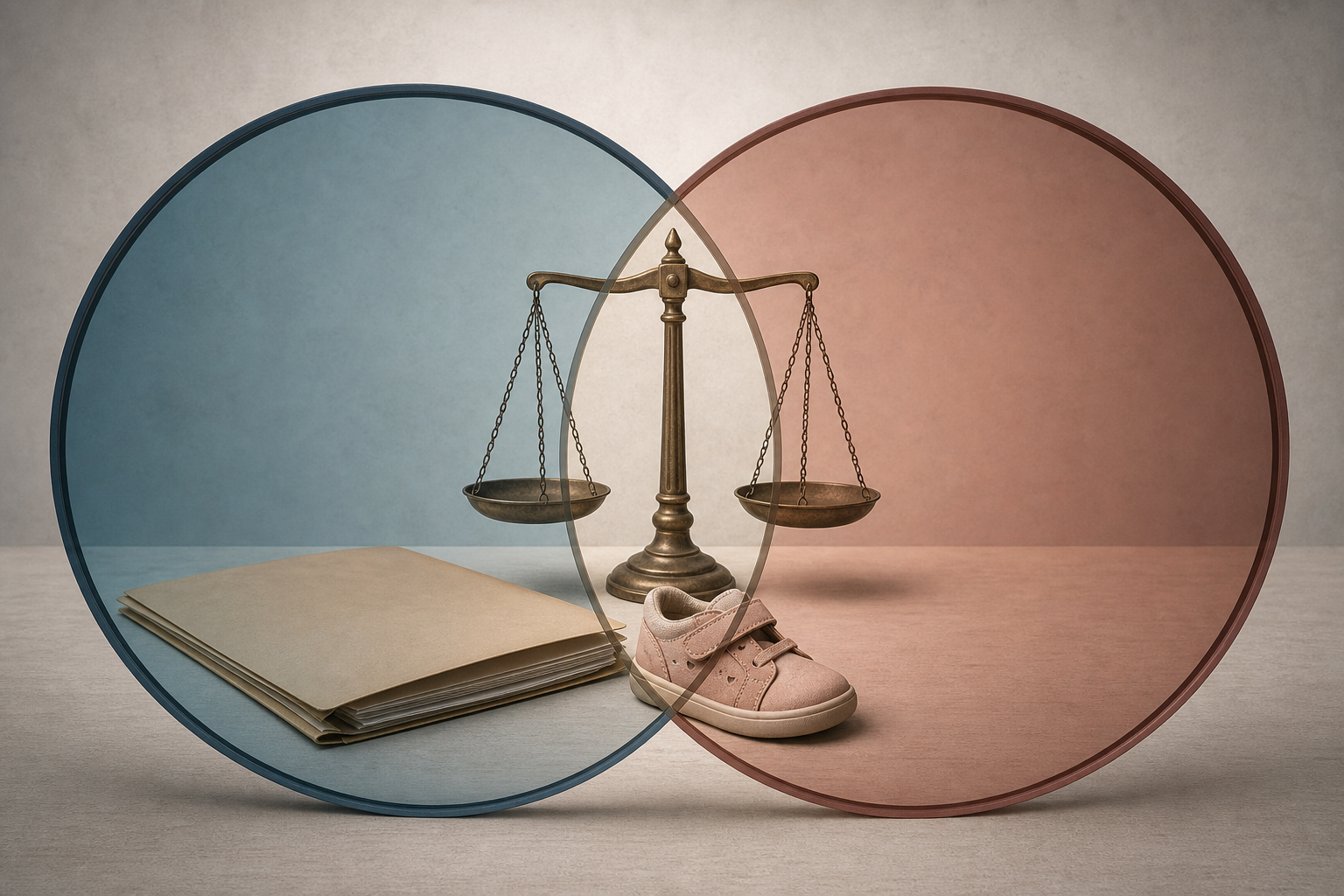 Two tinted transparent lenses overlap above a scale, an evidence folder and a child's shoe, making the shared center appear clearest.