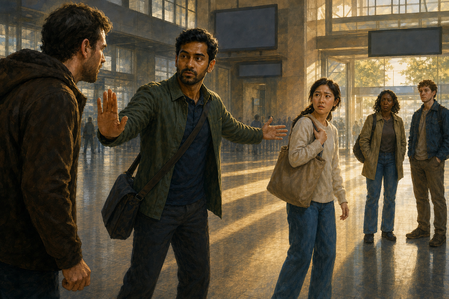 A calm bystander uses an open hand to set a boundary while guiding a frightened commuter away from a tense confrontation.