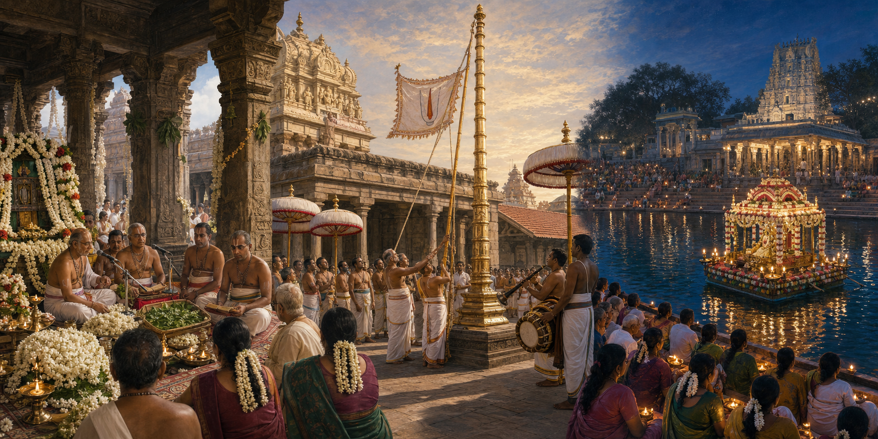 Three-panel illustration of a flower-garland observance, a ceremonial festival flag being raised in a temple courtyard, and a lamp-lit float crossing a temple tank.