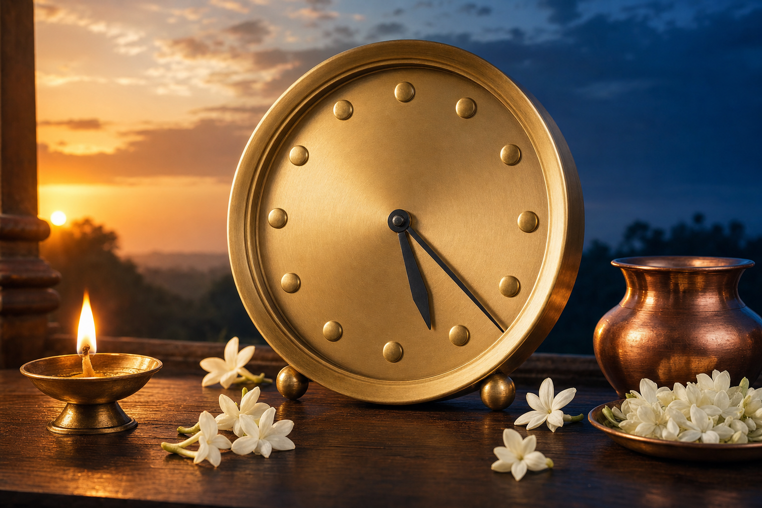 A numeral-free brass clock set to 5:24 sits beside a glowing oil lamp, jasmine flowers, and a copper vessel as sunset turns to twilight.