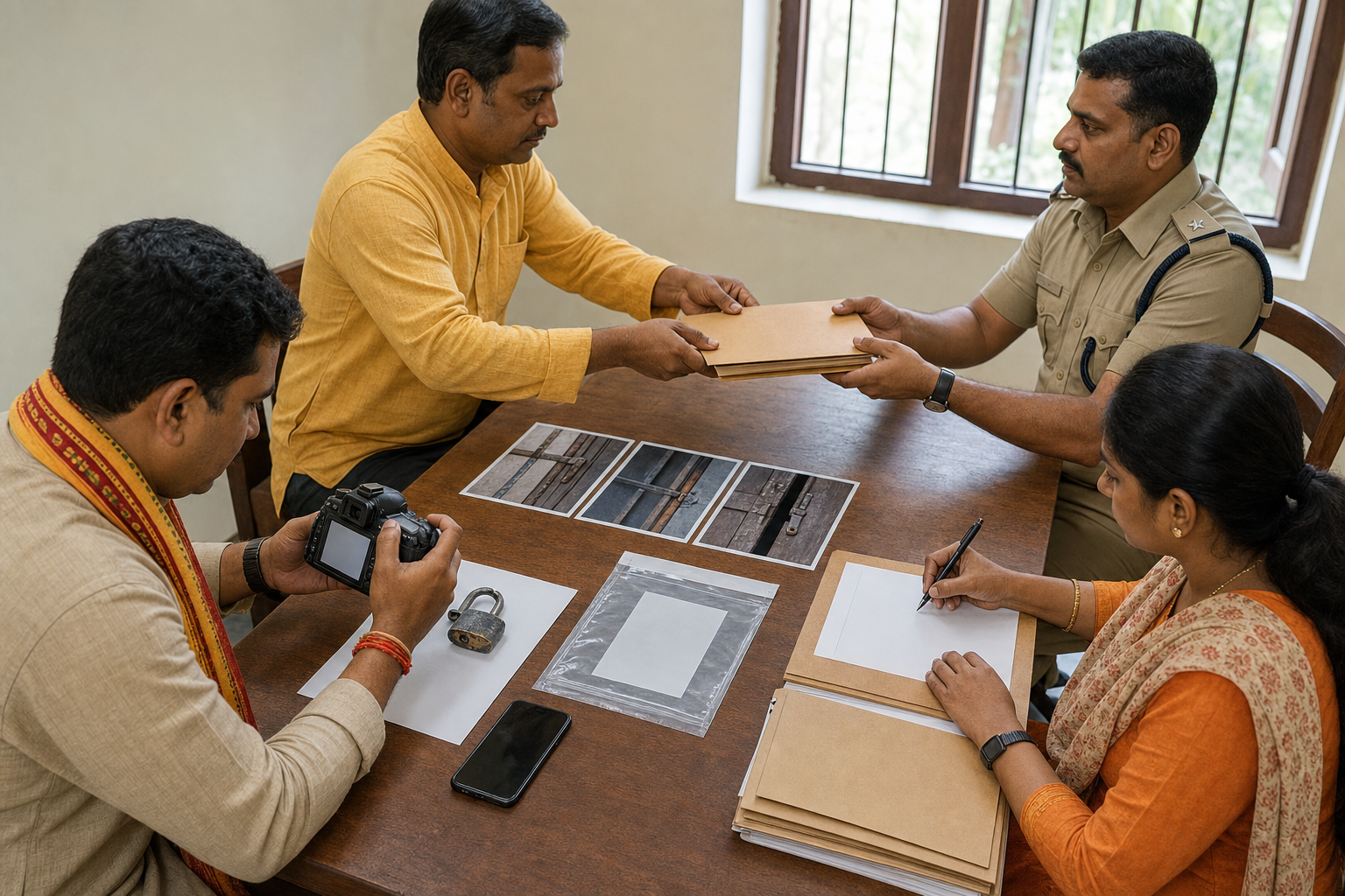 Temple volunteers, a legal aid worker, and a police liaison organize photographs, a sealed evidence pouch, and other records at a wooden table.