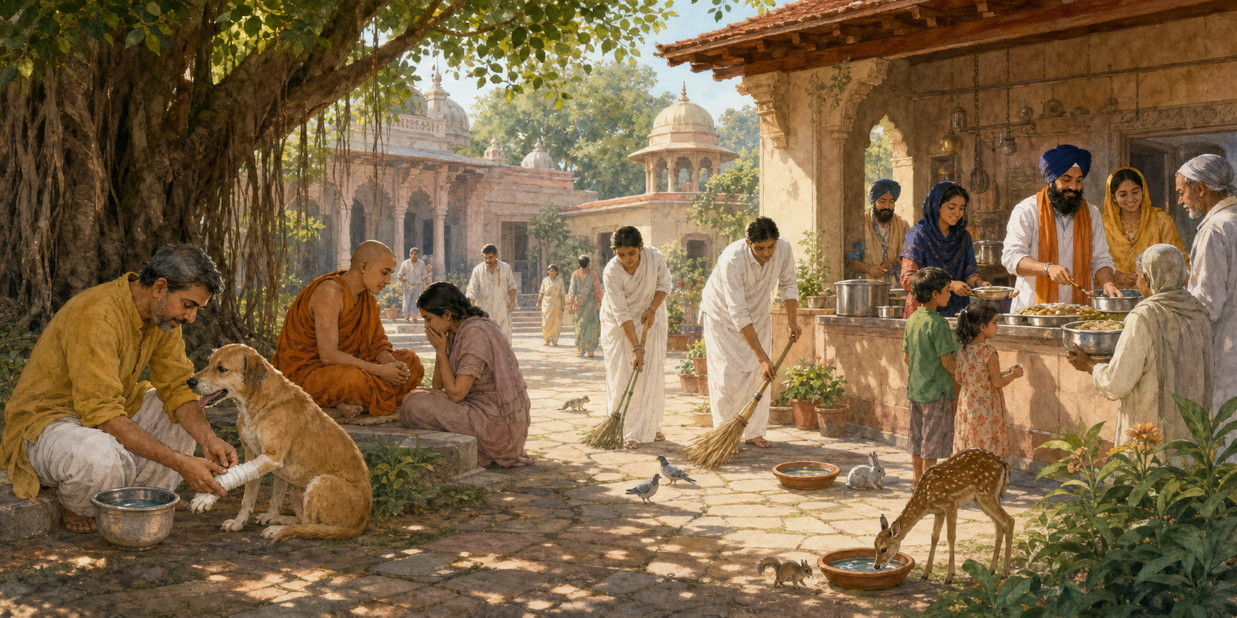 Hindu, Buddhist, Jain, and Sikh practitioners care for an animal, listen to a grieving person, protect small creatures, and serve a communal meal.