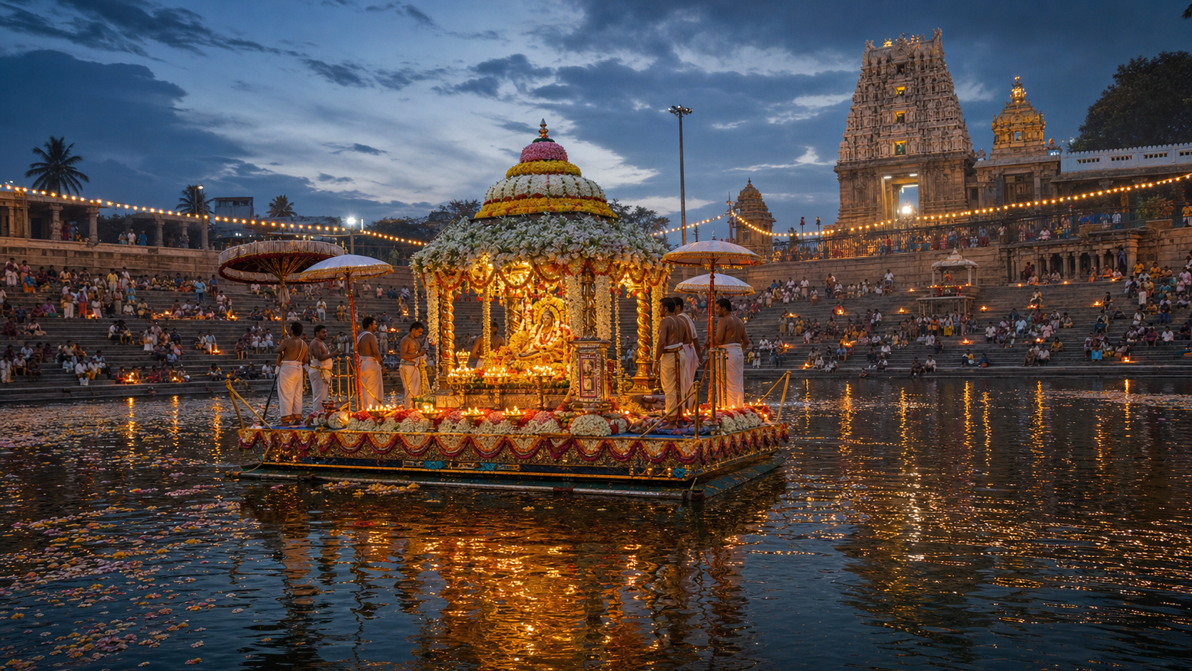 A flower-covered ceremonial float illuminated by oil lamps crosses a temple tank as devotees watch from granite steps at dusk.