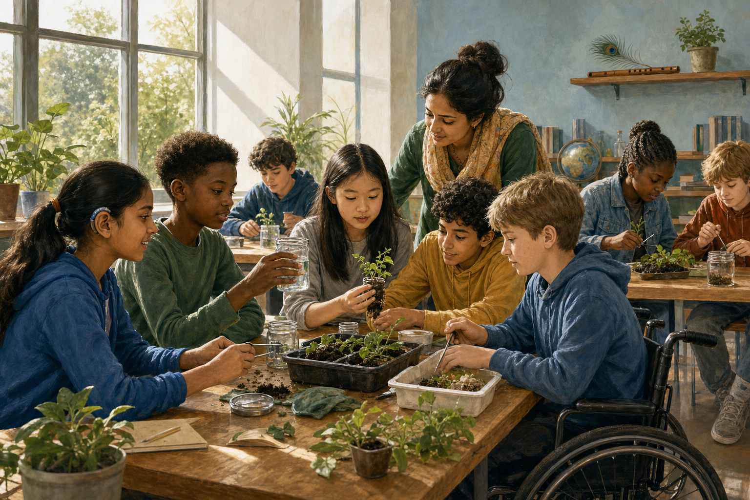 A diverse group of middle-school pupils and their teacher collaborate on a classroom ecology project beside seedlings, with a peacock feather, wooden flute and tulsi plant on a shelf.